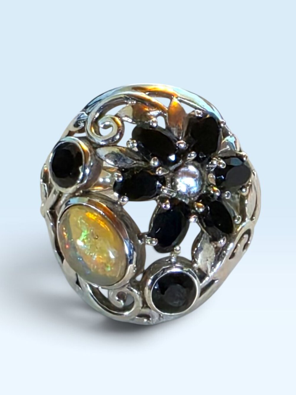 Vintage 925 Sterling Silver Natural Opal & Black Spinel Flower Statement Ring